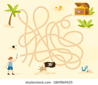 Logic puzzle game with labyrinth for children and adults. Find the way. Printable worksheet for kids brain teaser book. IQ test. Online playing. Flat cartoon vector illustration.
