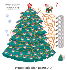 Logic Puzzle Game With Labyrinth For Children And Adults. Find Which Electrical Outlet You Need To Use For To Light Up The Star On The Christmas Tree? Brain Teaser Book. IQ Test. Play Online.