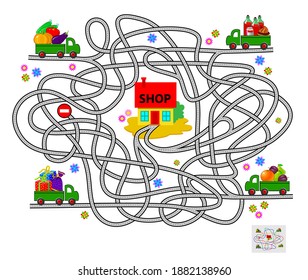 Logic puzzle game with labyrinth for children and adults. Help all lorries deliver food to the shop. Find the way. Worksheet for kids brain teaser book. IQ test. Play online. Vector illustration.