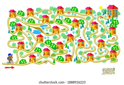 Logic puzzle game with labyrinth for children and adults. Help the little bear find the way to the school. Worksheet for kids brain teaser book. IQ test. Play online. Vector illustration.