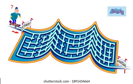 Logic puzzle game with labyrinth for children and adults. Help the skateboarder find the way from start to finish. Worksheet for kids brain teaser book. IQ test. Play online. Vector illustration.
