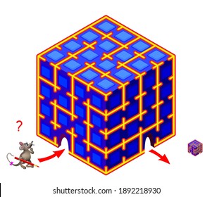 Logic puzzle game with labyrinth for children and adults. Help the mouse find the way through the magic cube. Worksheet for kids brain teaser book. IQ test. Play online. Vector illustration.