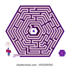 Logic puzzle game with labyrinth for children and adults. Help the wizard find the way to the magic fountain. Maze in spiral hexagon. Worksheet for kids brain teaser book. IQ test. Play online.