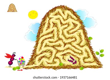 Logic puzzle game with labyrinth for children and adults. Help the ant deliver gifts to its kids in the anthill. Worksheet for kids brain teaser book. IQ test. Play online. Vector illustration.