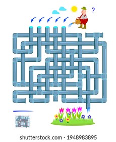 Logic puzzle game with labyrinth for children and adults. Help the gardener water a flower bed. Maze with tubes. Worksheet for kids brain teaser book. Play online. Flat vector illustration.