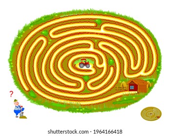 Logic puzzle game with labyrinth for children and adults. Help the tractor find the way out of the field. Worksheet for kids brain teaser book. Play online. Vector illustration with maze.