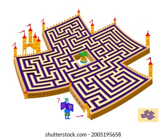 Logic puzzle game with labyrinth for children and adults. Help the wizard find the way to the garden. Worksheet for kids brain teaser book. Play online. Cartoon vector illustration. Maze for kids.