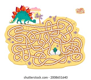 Logic puzzle game with labyrinth for children and adults. Help the dinosaur find the path to his baby. Worksheet for kids brain teaser book. Play online. Cartoon vector illustration. Maze for kids.