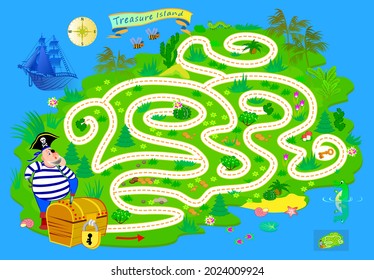 Logic puzzle game with labyrinth for children and adults. Where pirate has lost the key to treasure chest? Help him find the way. Worksheet for kids brain teaser book. Play online. Maze for kids.