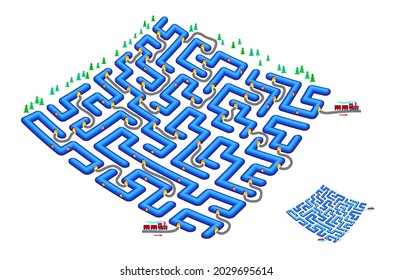 Logic puzzle game with labyrinth for children and adults. Help the train find the way through the tunnel from start to finish. Worksheet for kids brain teaser book. Play online. Maze for kids.