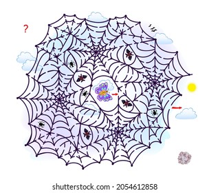 Logic puzzle game with labyrinth for children and adults. Help the butterfly get out of the spider's web. Worksheet for kids brain teaser book. Play online. Vector illustration. Maze for kids.