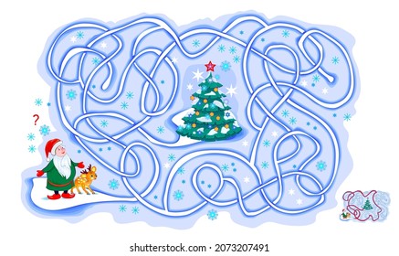 Logic Puzzle Game With Labyrinth For Children And Adults. Help The Santa Claus Find The Way To The Christmas Tree. Winter Maze For Kids. Brain Teaser Book. Play Online. Vector Illustration.