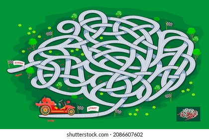 Logic puzzle game with labyrinth for children and adults. Help the rally car find the way from start to finish. Worksheet for kids brain teaser book with maze. Play online. Flat cartoon illustration.