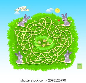 Logic puzzle game with labyrinth for children and adults. Easter maze. Kids brain teaser book. Help the rabbits find their eggs. Educational page. Play online. Vector illustration.