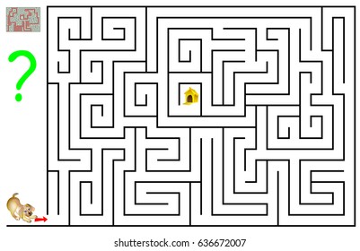 Logic puzzle game with labyrinth for children and adults. Need to help the dog find his  house. Vector image.