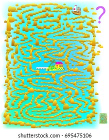 Juego de puzzle de lógica con laberinto para niños y adultos. Necesidad de ayudar al perro a encontrar el camino desde el principio hasta la isla. Imagen de Vector.