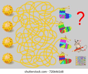 Logic puzzle game with labyrinth for children and adults. Need to find the way from every coil of thread to sock. Vector image.