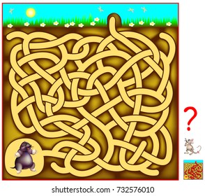 Logic puzzle game with labyrinth for children and adults. Help the mole to find the way out of the hole. Vector image.