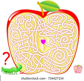 Logic puzzle game with labyrinth for children and adults. Help the caterpillar find the way to the center of the apple. Vector image.