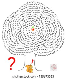 Logic puzzle game with labyrinth for children and adults. Help the squirrel find the way to the apple. Vector image.