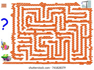 Logic puzzle game with labyrinth for children and adults. Help the truck to reach the building construction. Vector image.