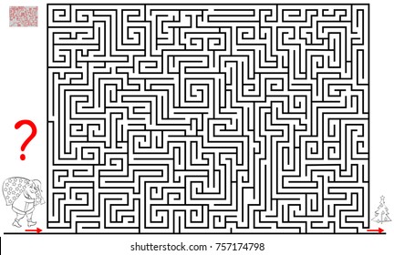Logic puzzle game with labyrinth for children and adults. Help the Santa Claus find the way till the Christmas tree. Vector image.