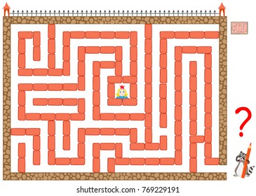 Logic puzzle game with labyrinth for children and adults. Help the princess get out of prison. Remove only two bricks and find the way to the exit. Vector image.