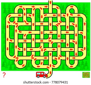 Logic puzzle game with labyrinth for children and adults. Help the car get out of the forest. Find the way from start till end. Vector image.