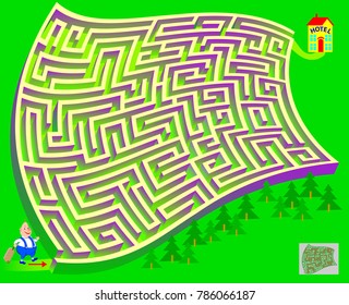 Logic puzzle game with labyrinth for children and adults. Find the way from start till the hotel. Vector image.