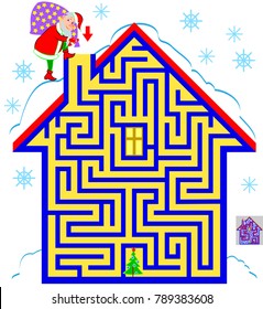 Logic puzzle game with labyrinth for children and adults. Help the Santa Claus find the way till the Christmas tree. Vector image.