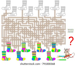 Logic puzzle game with labyrinth for children and adults. Find a pair for each sock and paint in the corresponding colors. Vector image.