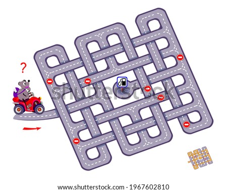 Logic puzzle game with labyrinth for children and adults. Help the motorbike driver find the way to the gas station. Worksheet for kids brain teaser book. Play online. Flat vector illustration.