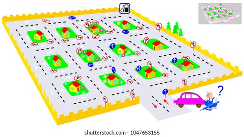 Logic puzzle game with labyrinth. Find the way till petrol station and turn back respecting traffic signs. U-turns are prohibited. Vector image.