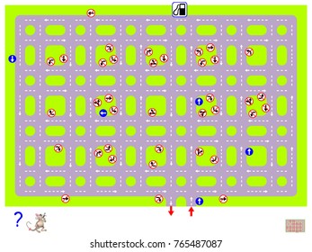 Logic puzzle game with labyrinth. Find the way till petrol station and turn back respecting traffic signs. U-turns are prohibited. Vector image.