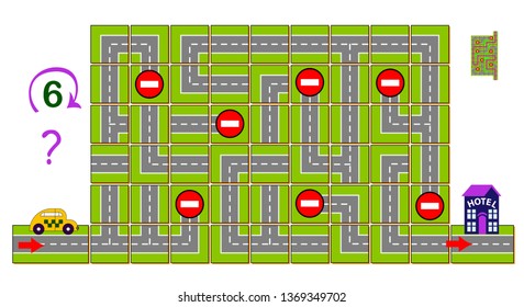 Logic puzzle game with labyrinth. Help the taxi find the way and reach the hotel. Need to rotate 6 squares clockwise. Printable page for brainteaser book. Developing spatial thinking. Vector image.