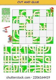 Logic puzzle game with labyrinth. Help the bear find the way to his friend. Use a scissors to cut and glue parts of road. Printable template with exercise for kids. Educational page for children.
