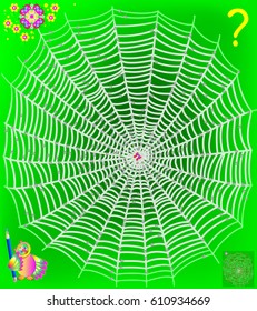 Logic puzzle game with labyrinth. Help the butterfly get out of the web. Need to draw the way till the flower. It is forbidden to cross the nodes. Vector image.