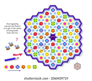 Logic puzzle game with labyrinth for kids. Find regularity and join flowers so to get in the center of honeycombs. Draw the line. Page for brain teaser book. Developing spatial thinking. Play online.