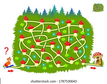 Logic puzzle game with labyrinth for little children. Help the fox find the way till his house. Printable worksheet for kids brain teaser book. IQ test. Online playing. Vector cartoon illustration.