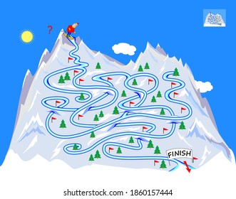 Logic puzzle game with labyrinth for little children. Help the skier get down the mountain. Find the way. Sheet for kids brain teaser book. IQ test. Play online. Vector cartoon illustration.