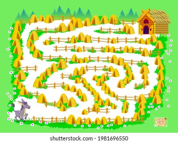 Logic puzzle game with labyrinth for little children. Help the donkey find the way to his house. Worksheet for kids brain teaser book. Play online. Vector cartoon illustration. Maze for kids.
