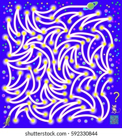 Logic puzzle game with labyrinth. Need to draw the way from spaceship till planet flying from one star to the other. Vector image.