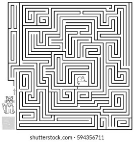Logic puzzle game with labyrinth. Need to draw the way from the cat till the mouse. Black and white vector image.