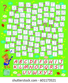 Logic puzzle game with labyrinth. Need to find the way for English alphabet from start till end and write the letters in correct places. Vector image.