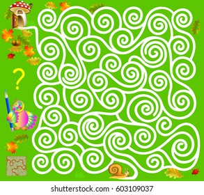 Logic puzzle game with labyrinth. Need to draw the way from the snail, till the  mushroom. Vector image.
