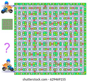 Logic puzzle game with labyrinth. Need to draw the way for cat from start till end respecting traffic signs. Vector image.