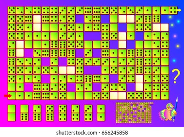 Logic puzzle game with labyrinth. Need to find the correct place for remaining dominoes and draw the way for from start till end. Vector image.