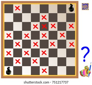 Logic puzzle game with labyrinth. Need to find way from the first chess knight till the second. Forbidden to step on the red crosses. Vector image.