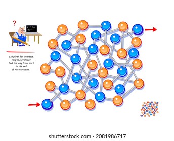 Logic puzzle game with labyrinth for smartest. Help the professor find the way from start to the end of nano-structure. Worksheet for kids brain teaser book. Play online. 3D maze. Vector illustration