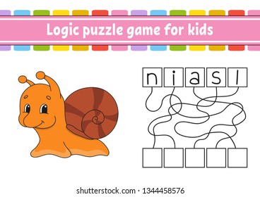 Logic puzzle game. Learning words for kids. Find the hidden name. Education developing worksheet. Activity page for study English. Game for children. Isolated vector illustration. Cartoon style